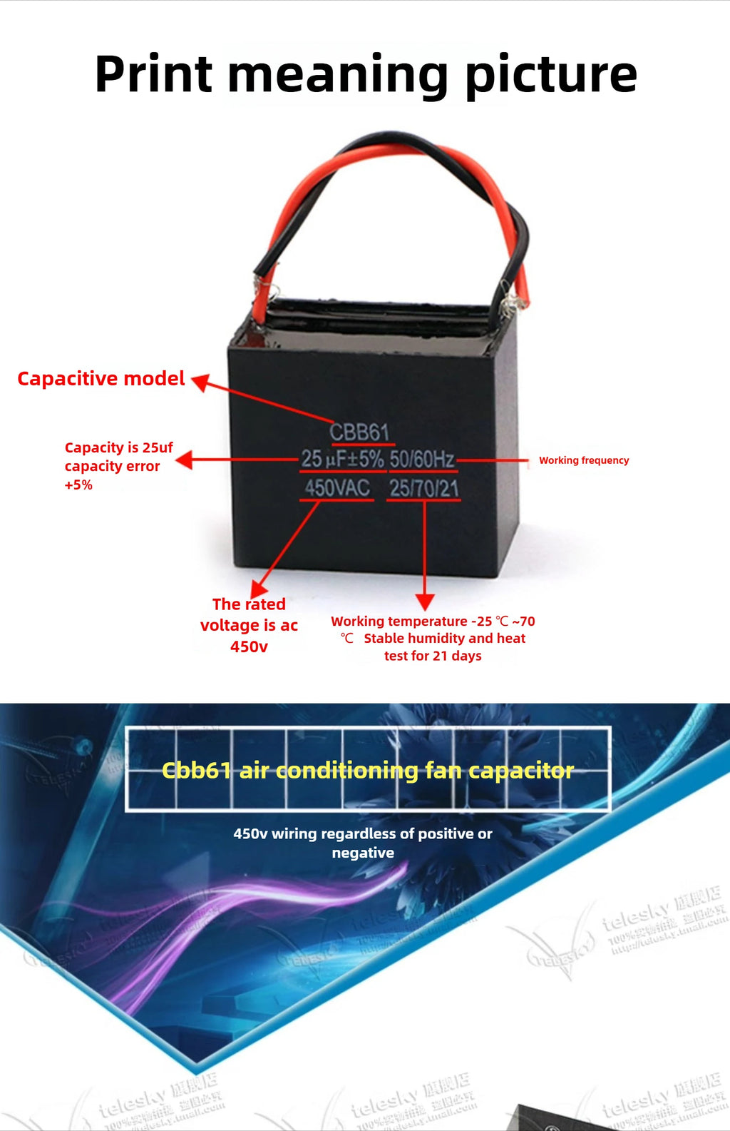 CBB61 Fan Air Conditioner Starting Capacitor 450V 1/1.2/1.5/2/2.5/3/3.5/4/4.5/5/6/7/8/10/12UF Ceiling Fan Hood Motor Capacitor