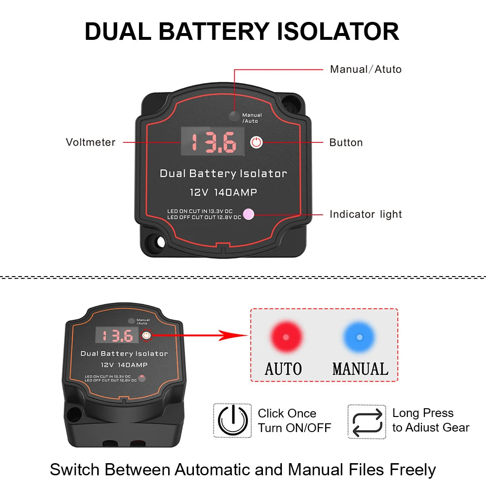 Relay VSR for Camper Charge 2 Battery Bank Car Smart Battery Isolator Voltage Sensitive Split Charge Auto Parts 12V 140A