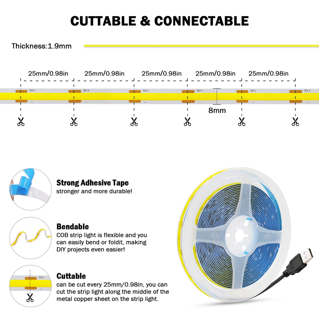 DC5V USB COB Led Strip Light White/Pink/Red/Yellow/Ice Blue/Green 8MM 320LEDs/M Flexible Night Light for Home Decor TV Backlight