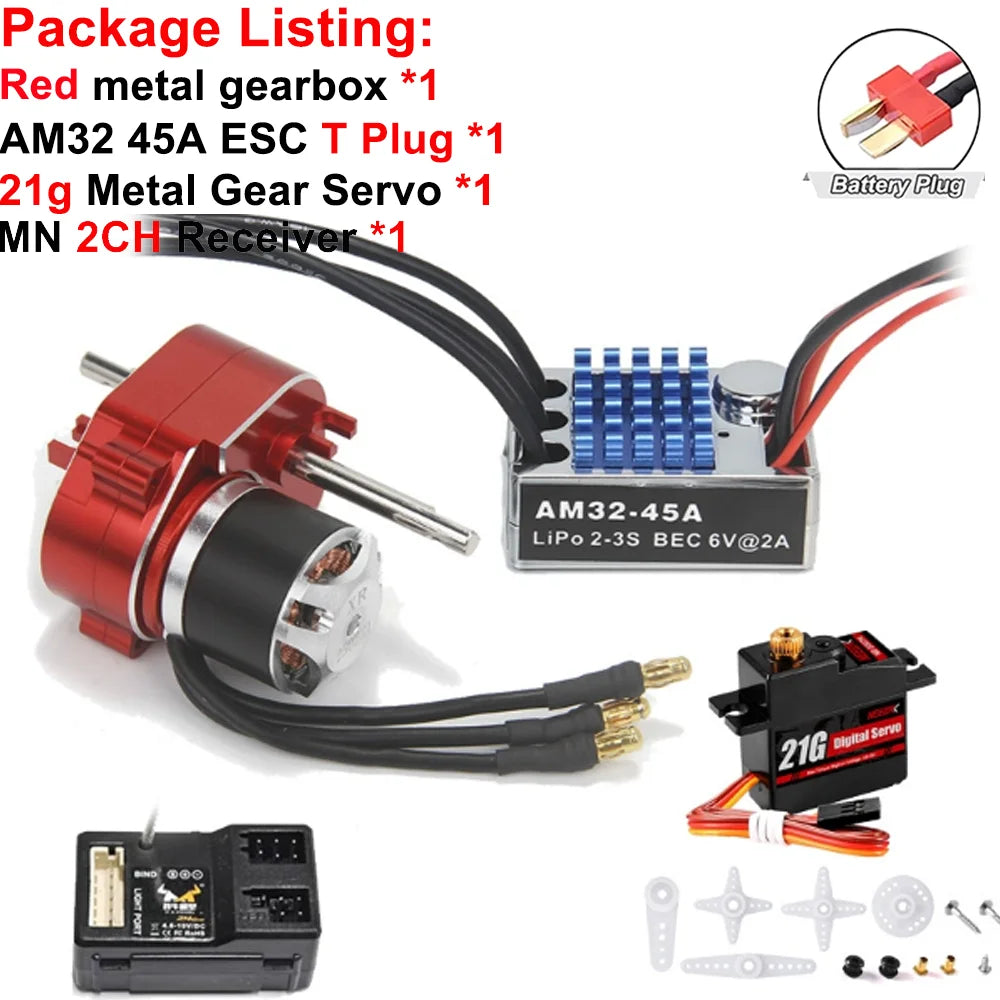 Full Metal Gearbox 2322 2600KV Brushless Motor AM32 45A ESC 21g Servo/2CH Receiver for RC Car Crawler MN82 MN78 MN168 MN99 MN98