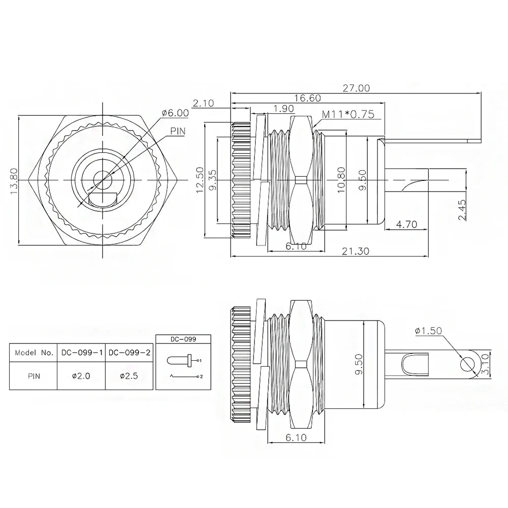 5.5 x 2.1mm 5.5 x 2.5mm DC Power Male Plug DC-099 DC Socket Threaded Panel Mount Female Connector Adapter With 20AWG Cable Wires