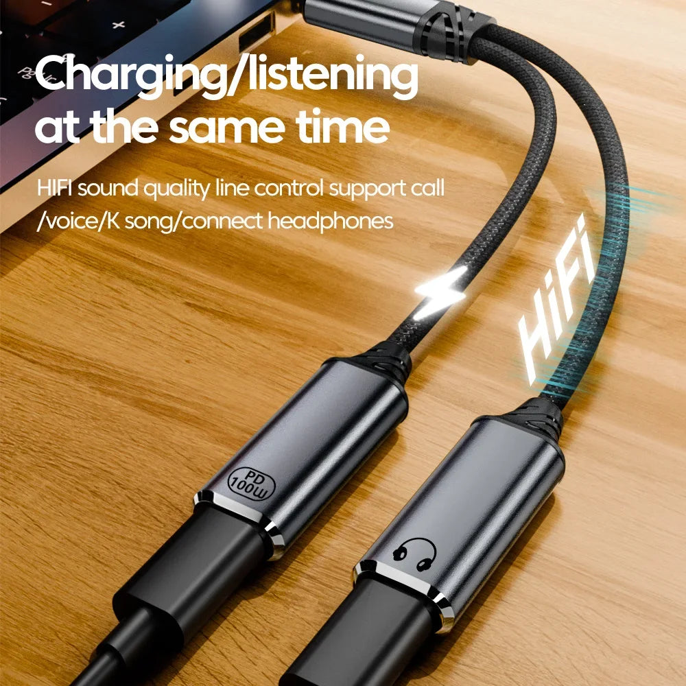 100W PD Fast Charger Cable 2 in 1 USB C Splitter Type USB C Headphones Jack Audio Adapter For Samsung iPhone 16 15 Huawei Xiaomi