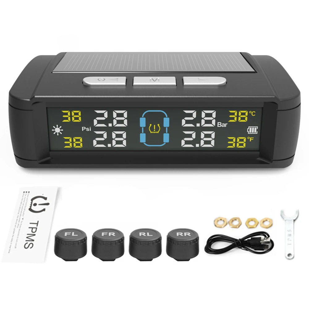 Tire Pressure Monitoring System Auto Security Alarm Systems Solar/USB Powered Tyre Temperature Monitor Car TPMS 4 Sensors