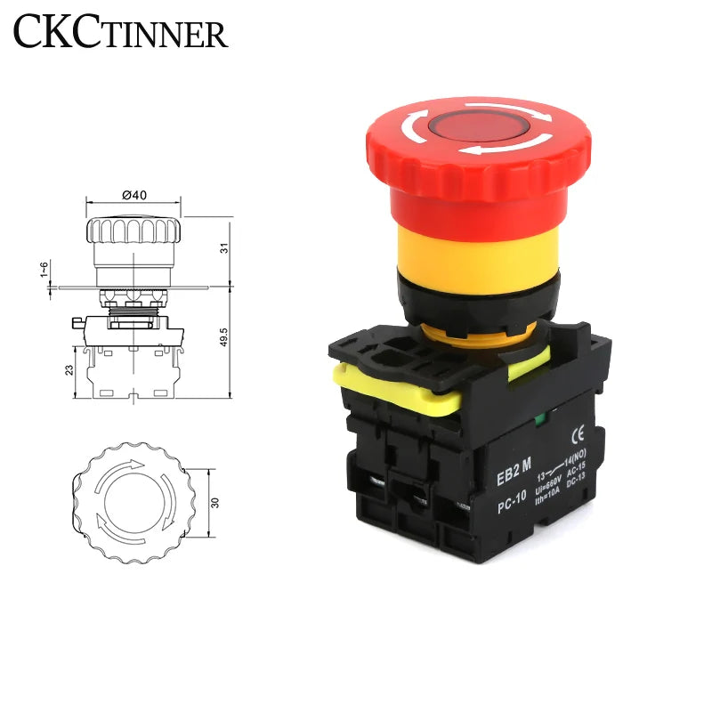 EB2M-C-01ZS Mushroom Cap Emergency Stop Rotary Switch 22mm Waterproof 10A Current Self-locking Button With lamp 10A AC 660V