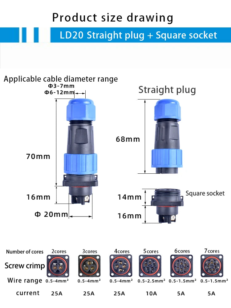 IP68 Waterproof Connector LD Series Male Plug & Female Socket 2-7 Pin & 9 Pin Panel Mount Aviation Wire Electrical Cable Connect