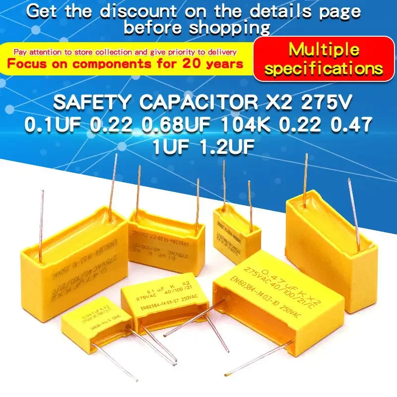 10pcs 275VAC X2 Safety Capacitor 275V 10mm 15mm 22.5mm 27.5mm 0.022UF 0.047UF 0.1UF 0.22UF 0.47UF 0.68UF 1UF Polypropylene Film