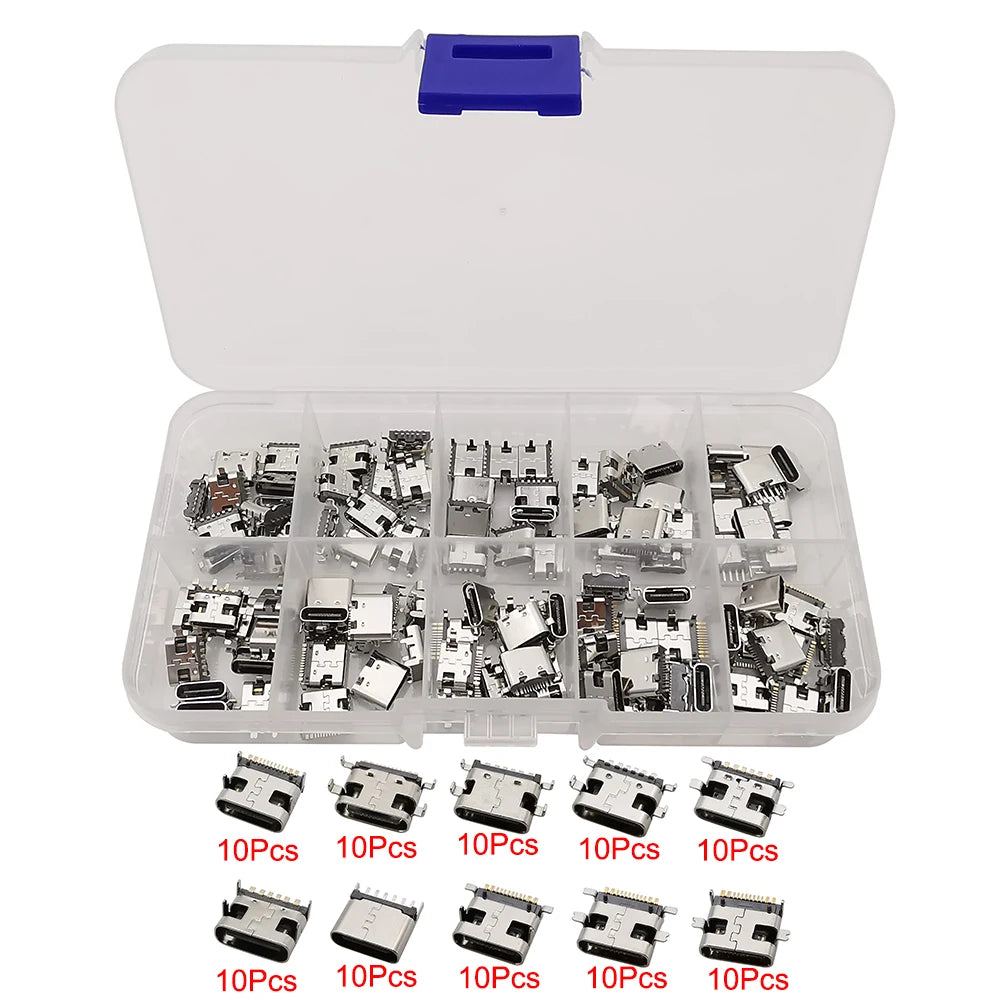80/100Pcs Type C USB Charging Jack Welding Connectors 2Pin 6Pin 16Pin USB-C Socket For Mobile Phone PCB DIY Repair Kits