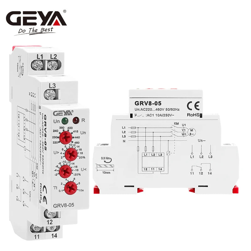 GEYA Din Rail 3 Phase Failure Phase Sequence Voltage Monitoring Relay Voltage Protection Relay 220V~460V 10A