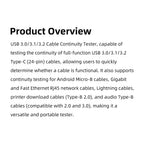 Multifunctional Data Cable Tester USB3.0/3.1/3.2 Type-C 24Pin Cable Detector Support Lightning Micro RJ45 Type-B Cable Test Tool