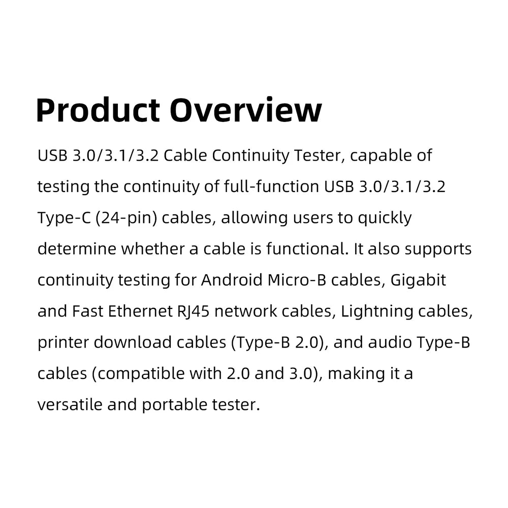 Multifunctional Data Cable Tester USB3.0/3.1/3.2 Type-C 24Pin Cable Detector Support Lightning Micro RJ45 Type-B Cable Test Tool