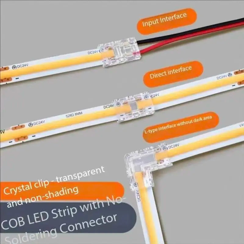 COB Connector 8mm 5-24v 2pin LED Strip Terminal Extension Wire LED Connectors Fixed Clips For Pin No Dark Area Single Dual End