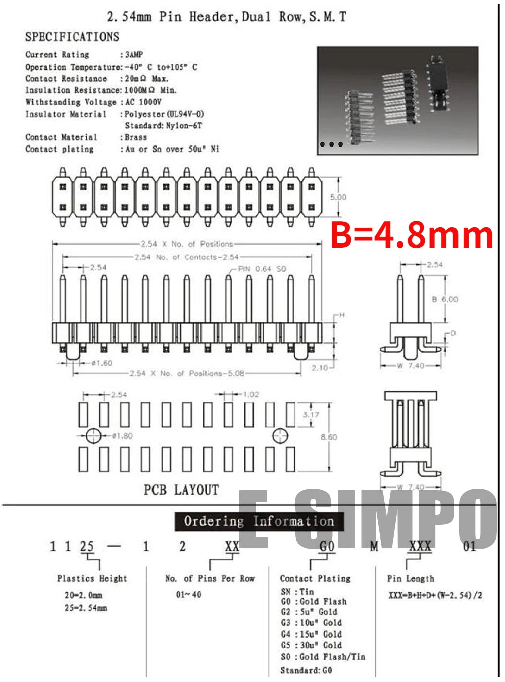 50pcs 2.54mm PH5.0 SMD 2X3/4/5/6/7/8/10/12/20P Plastic Height 5.0 Double Row Goldplated Rohs PCB Female Pin Header Connector