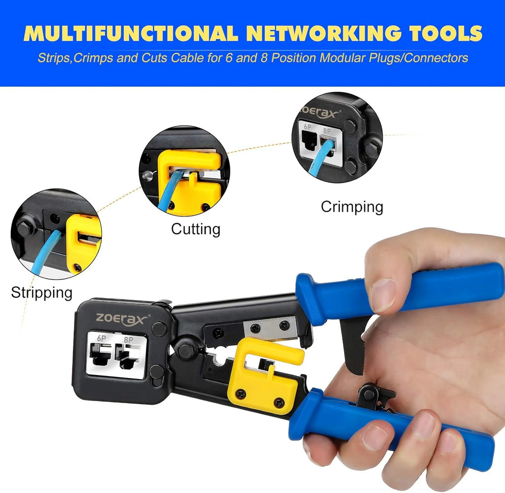 ZoeRax RJ45 Cat6/5e/5 Crimp Tool Kit with 20PCS Cat6 pass through Connectors and Covers, Wire Punch Down Cutter,Cable Tester
