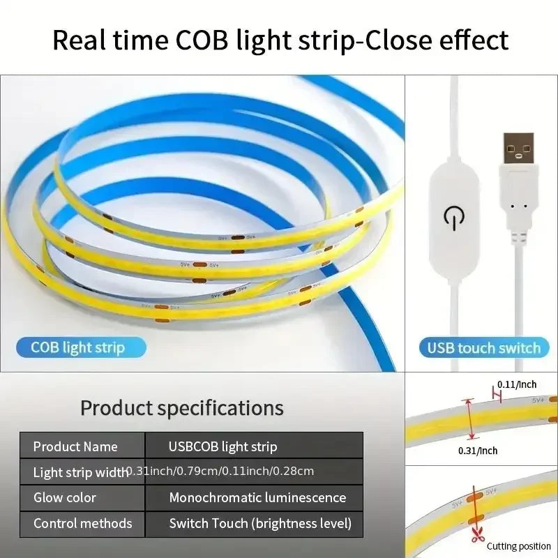 Touch Switch COB LED Strip Light 5V USB High Density RA90 Dimmable Flexible Tape TV Backlight Mirror Room Linear Lightings Decor