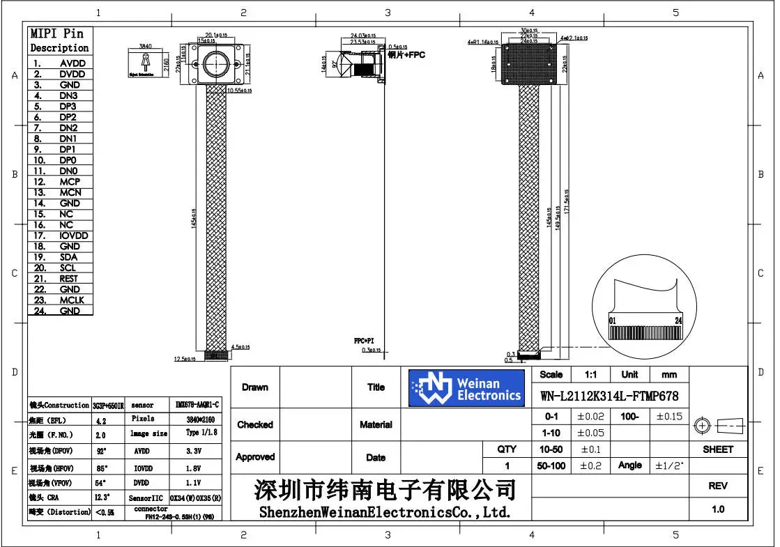 8MP 4K 30FPS 1/1.8-Inch IMX678 USB Camera Module DFOV 92° USB3.0/MIPI Fixed Focus Camera Module