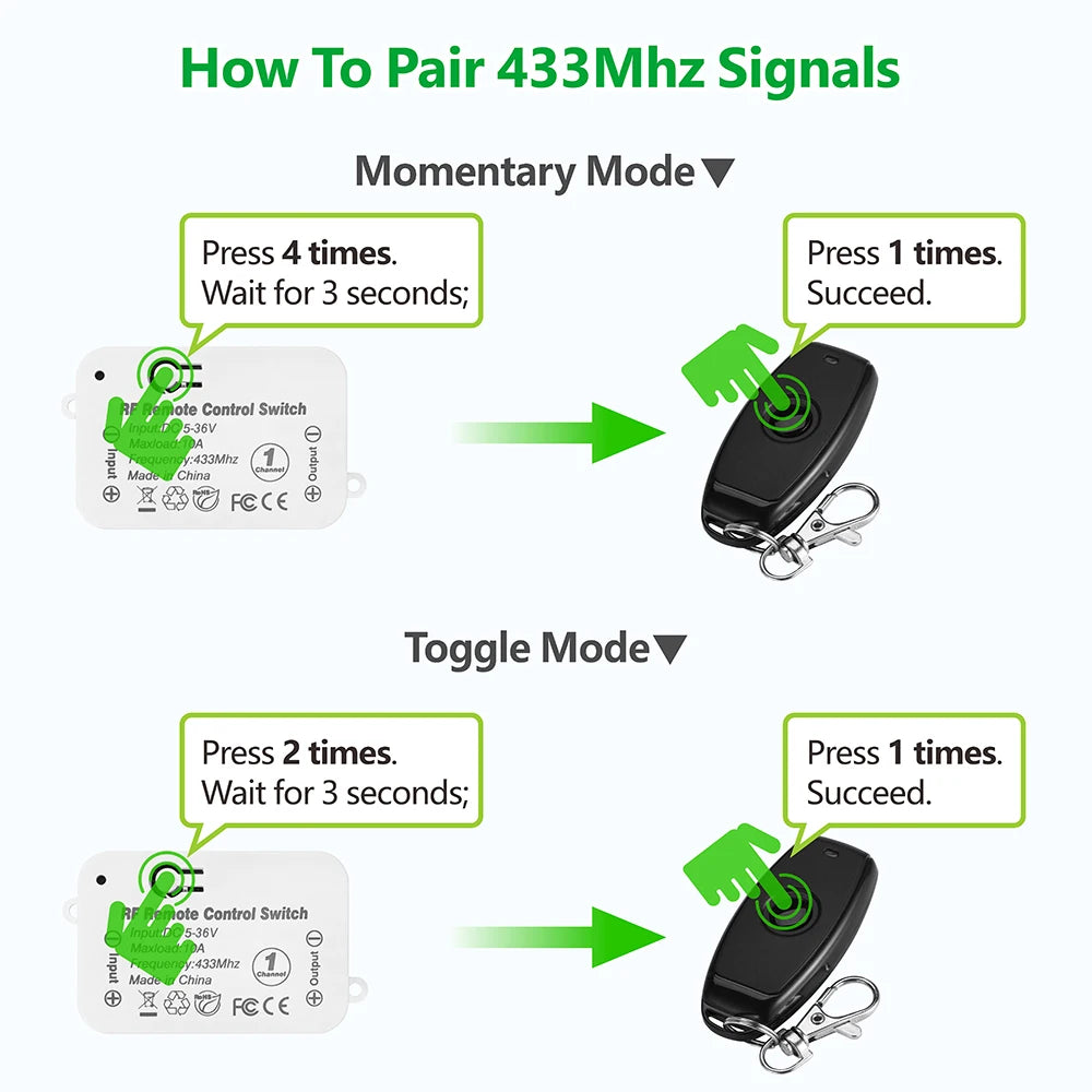 433Mhz Wireless Remote Control Switch DC 6V 12V 24V 30V 36V 10A Mini RF Relay Receiver,50m Transmitter for Pumps Light LED Fan