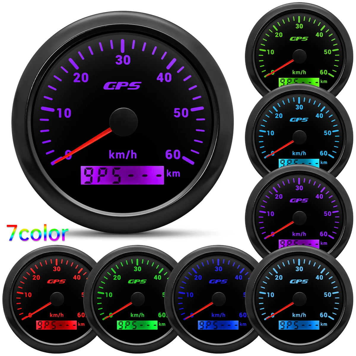 60/120/200KMH 85MM GPS Speedometer Gauge 7 Color Light with GPS Antenna Waterproof Motorcycle Boat Car Truck Speed Gauge Meter