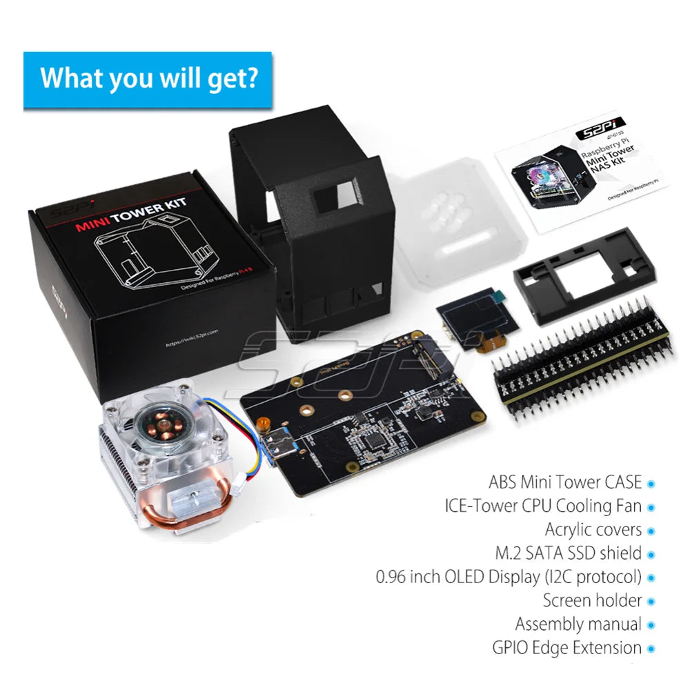 52Pi Raspberry Pi 4 Model B ABS Mini Tower NAS Kit with Ice Tower 0.96 Screen Dispaly Power Adaptor