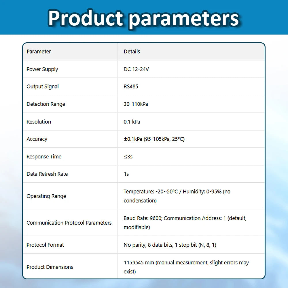 Atmospheric Pressure Sensor Transmitter Output RS485 0-5V 0-10V 4-20MA Weather Air Pressure Detector Barometric 30~110Kpa
