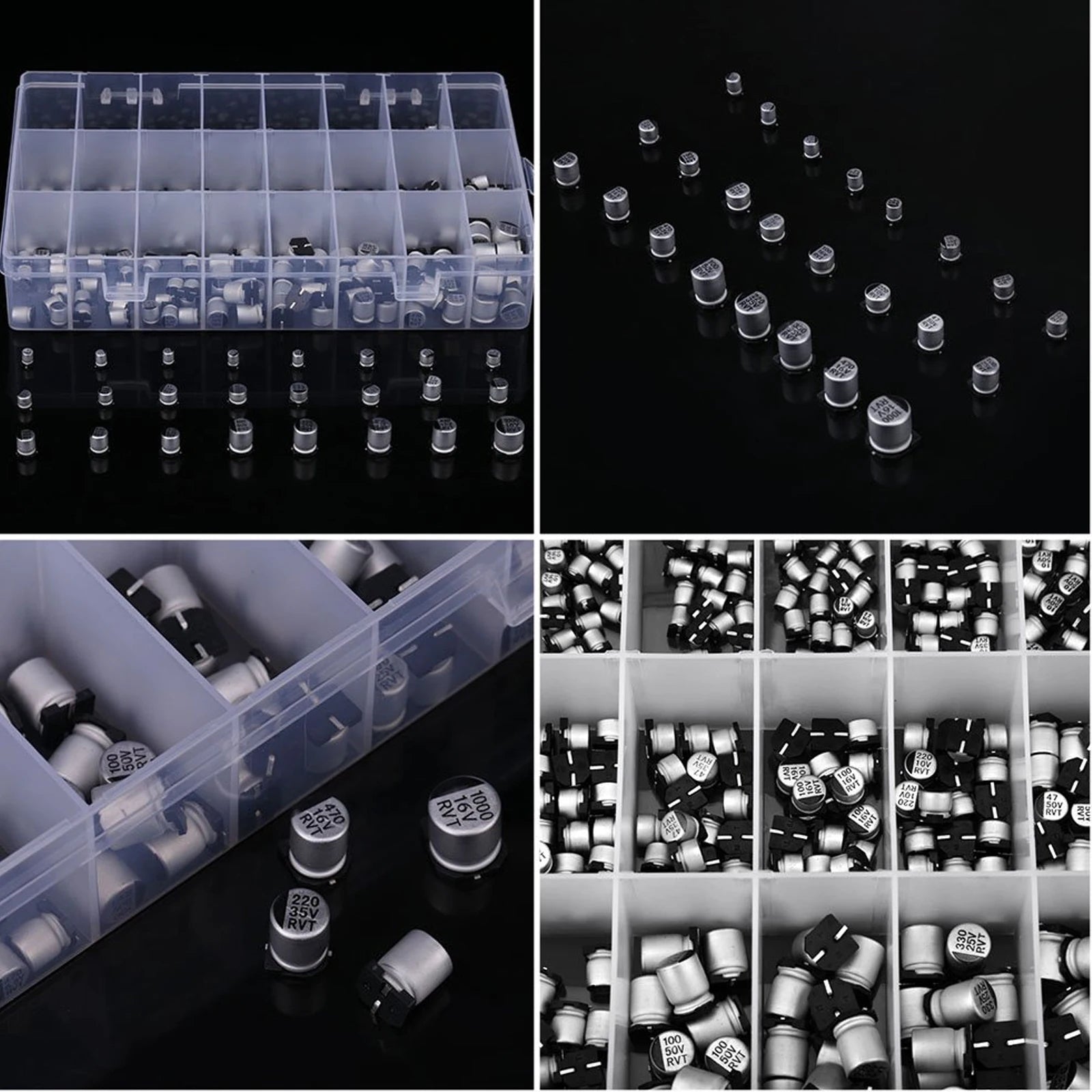 24Values Electrolytic Capacitors Assortment Kit SMD Bypass Low Frequency Aluminum with Storage Box 1uF - 1000uF
