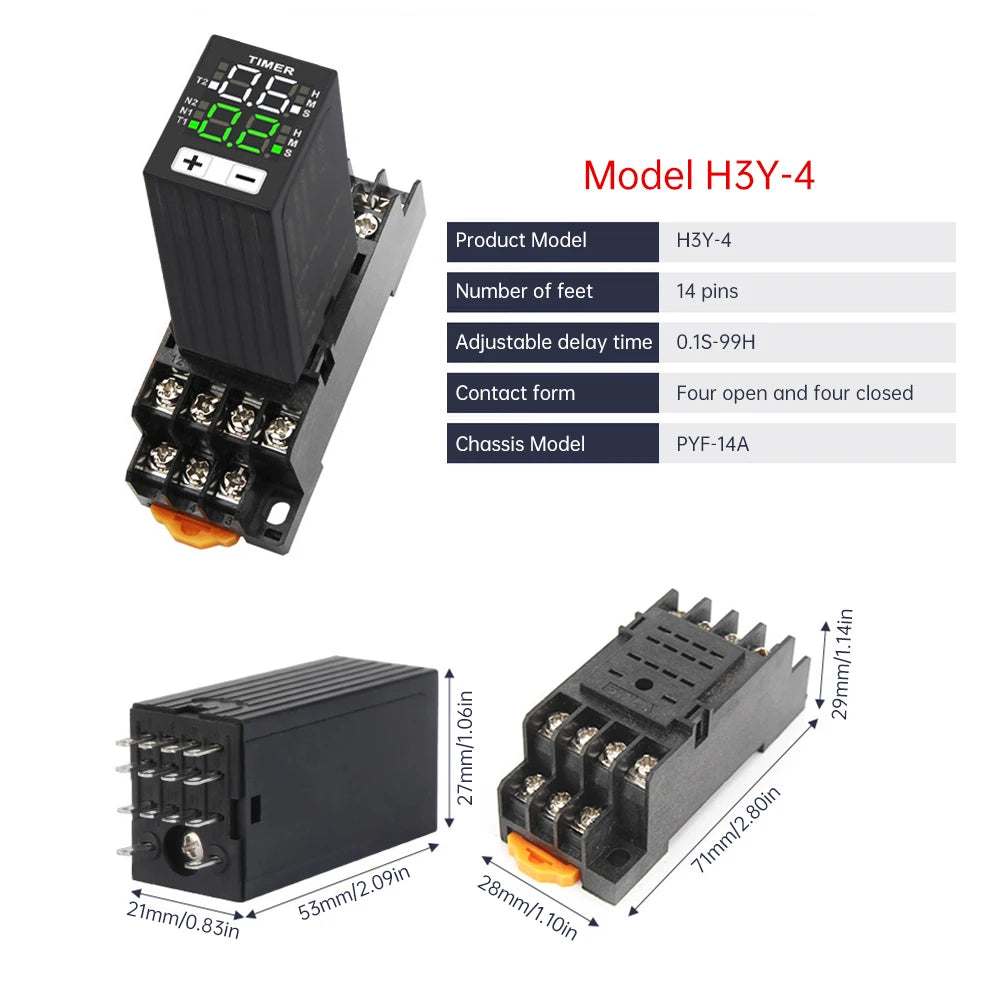 H3Y-4 DC12V DC24V AC220V Liquid Crystal Time Relay Dual Time with Base Small Digital Display Cycle Time Control Delayer