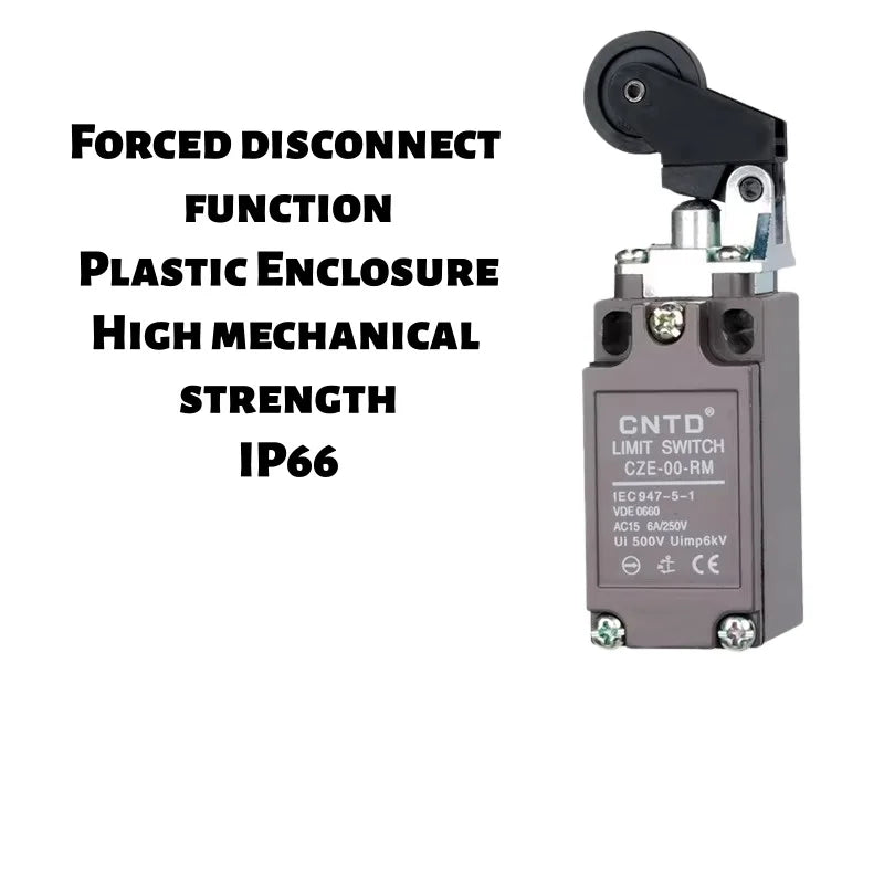 Limit Switch, CNTD CZE‑00‑RM plastic housing 1NO1NC contact, 10A 250VAC mechanical reset, industrial position sensor for machine
