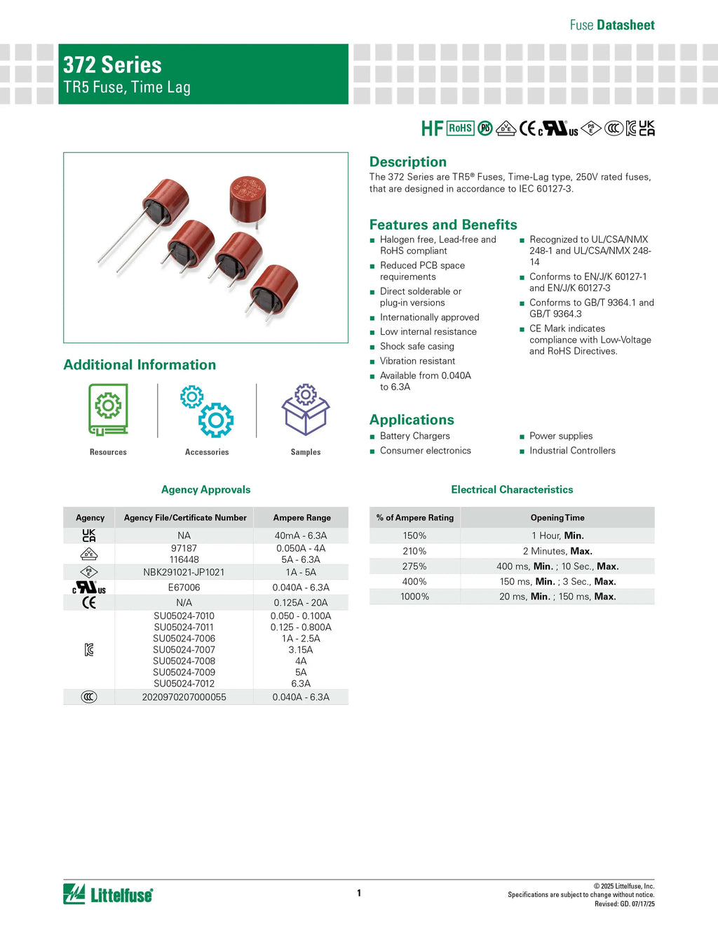 5pcs/lot 372 Series 250V TR5 Fuse Time-lag Fuses Cylindrical 40MA to 6.3A T1A T2A T63MA T3.15A T5A T6.3A Time Delay Littelfuse