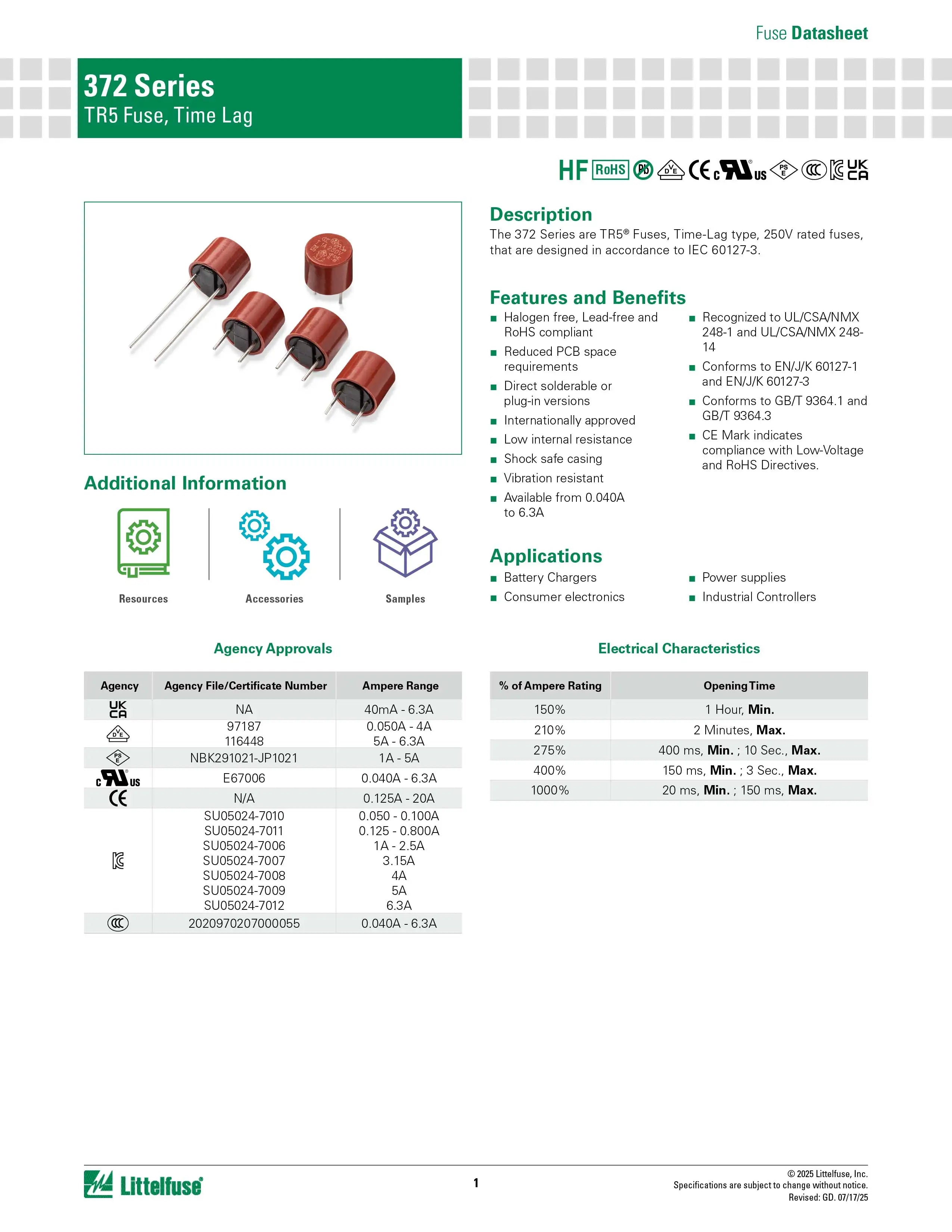 5pcs/lot 372 Series 250V TR5 Fuse Time-lag Fuses Cylindrical 40MA to 6.3A T1A T2A T63MA T3.15A T5A T6.3A Time Delay Littelfuse