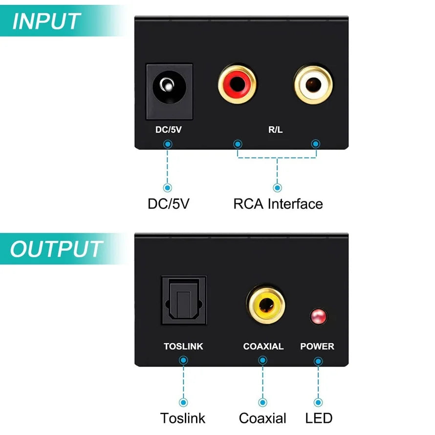 ADC Analog To Digital Audio Converter RCA to Optical Toslink Audio Adapter Analog Digital Fiber Toslink Coaxial Audio Converter