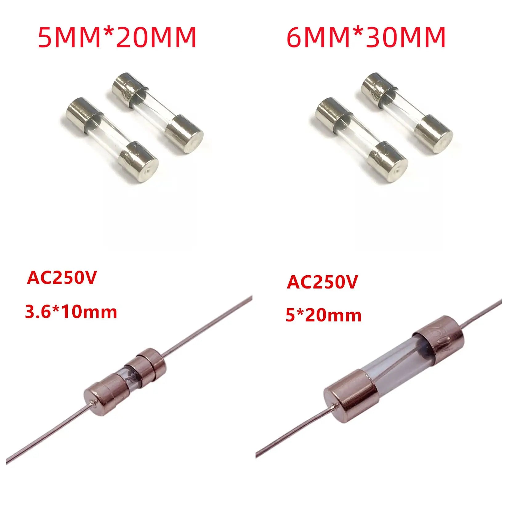 10 PCS In-Line Glass Tube One-Time Fuse 0.1A 0.2A 0.25A 0.315A 0.5A 250V Household Appliance Power Fuse with Pin Ceramic Fuse