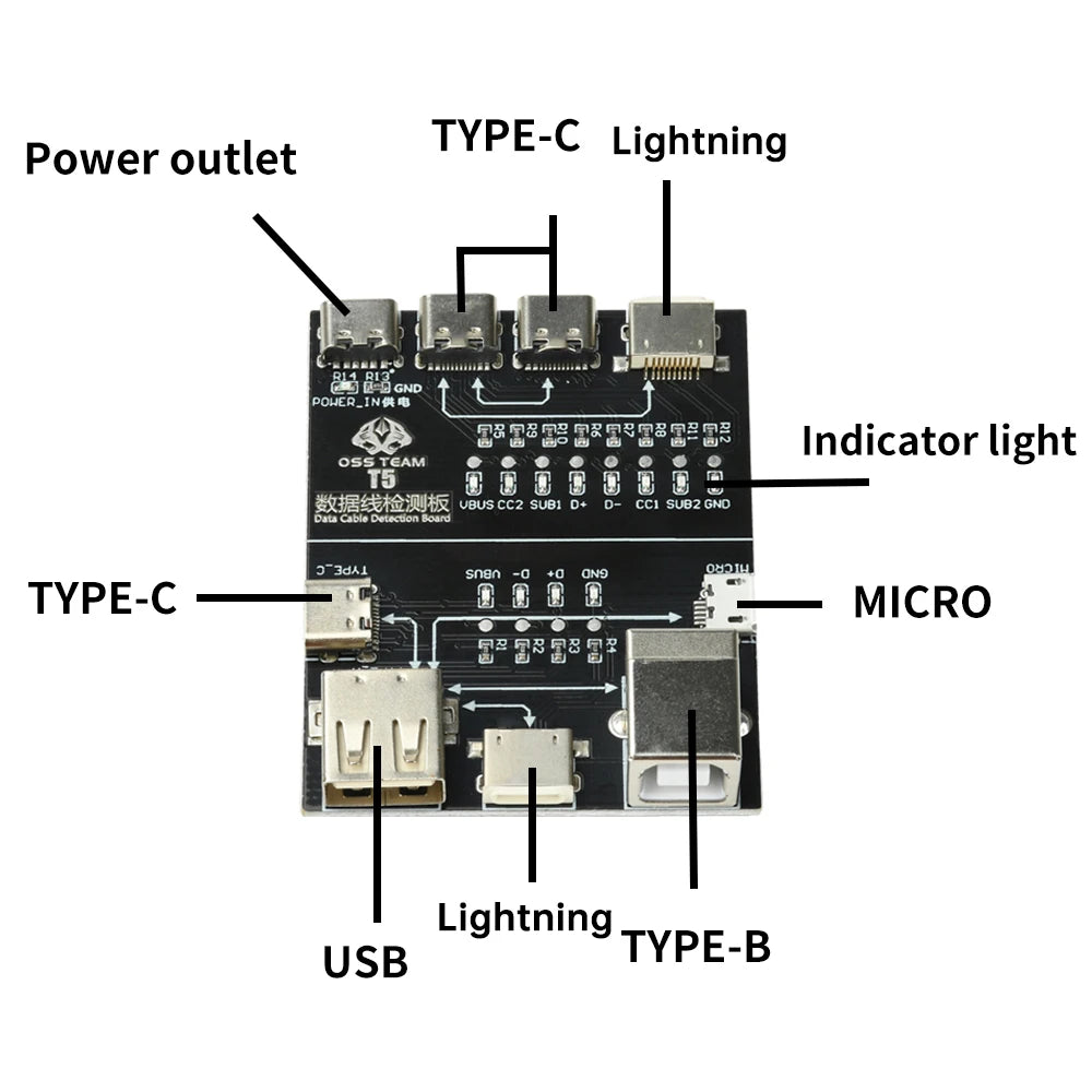 T5 USB Cable Tester Board Rapid Detection Tool Compact Portable for Lightning Type-C Micro USB Cables