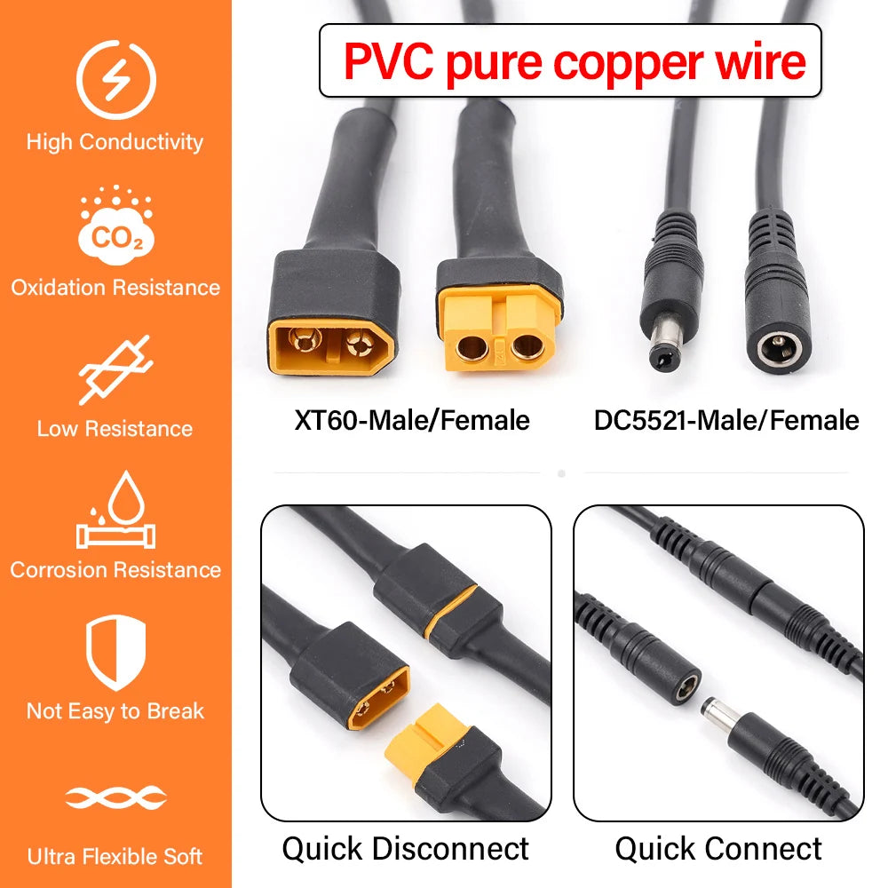 Solar Connection Line XT60 Male/Female Connector To DC5521 18AWG Power Cable Adaptor For Car Battery Charging Adapter Cables