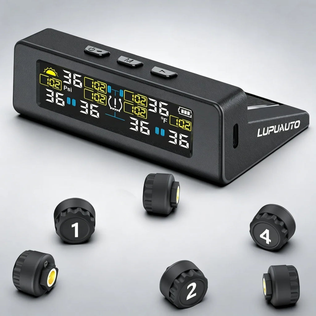 TPMS Solar/USB Charging Digital LCD Display Universal Smart Car TPMS Tyre Pressure Monitoring System 4 Or 6 Sensors Auto Security Alarm Smart Temperature Tire Air Pressure Gauge