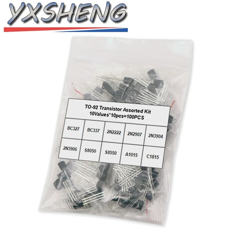 100Pcs Transistor Assorted KIT TO-92 2N2222 2N2907 2N3904 2N3906 S8050 S8550 A1015 C1815 BC337 BC327 10Value NPN PNP Transistor