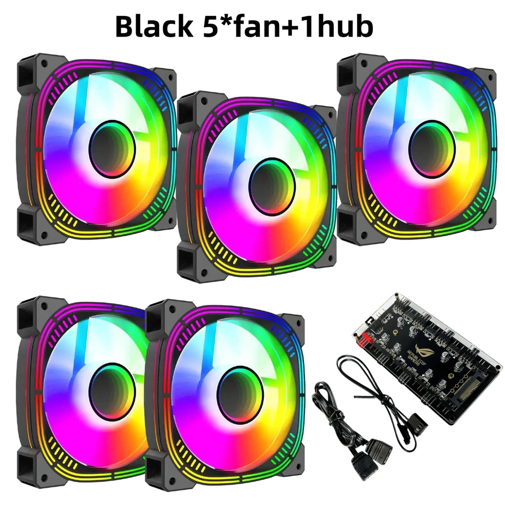 This ARGB Cooling Fan Kit Includes Five 120mm Cooling Fans and a PWM ARGB 2-in-1 Hub, Suitable for Computer Cases (Forward Fan)