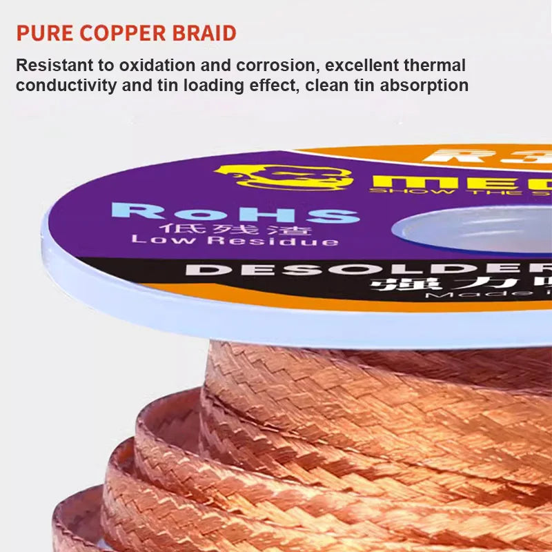 MECHANIC R350 Low Residue Solder Wick 1.0/1.5/2.0/2.5/3.0/3.5/4.0mm Pure Copper Tin Absorption Braid Electronics Repair Cleaning