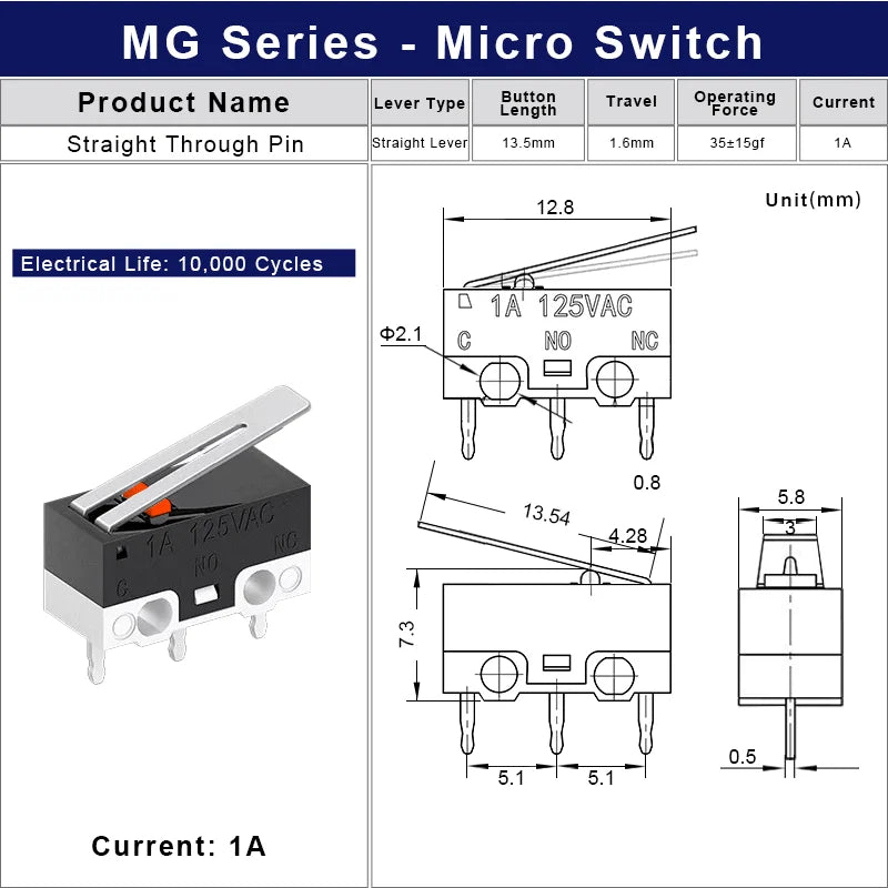 Mini Micro Limit Switch C NO NC 3 Pins PCB Terminals SPDT 1A 125V Roller Arc Lever Snap Action Push Micro Mouse Switches