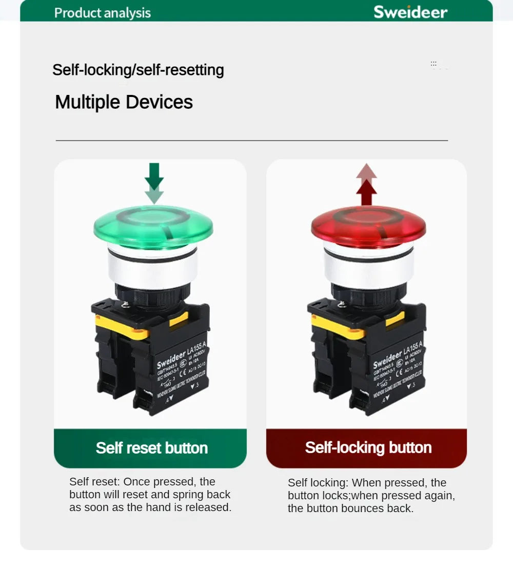 30mm Mushroom Button Switch with Light Waterproof Momentary Reset Self Locking Power Push Button Switch 12V 24V 220V 1NO 1NC Red