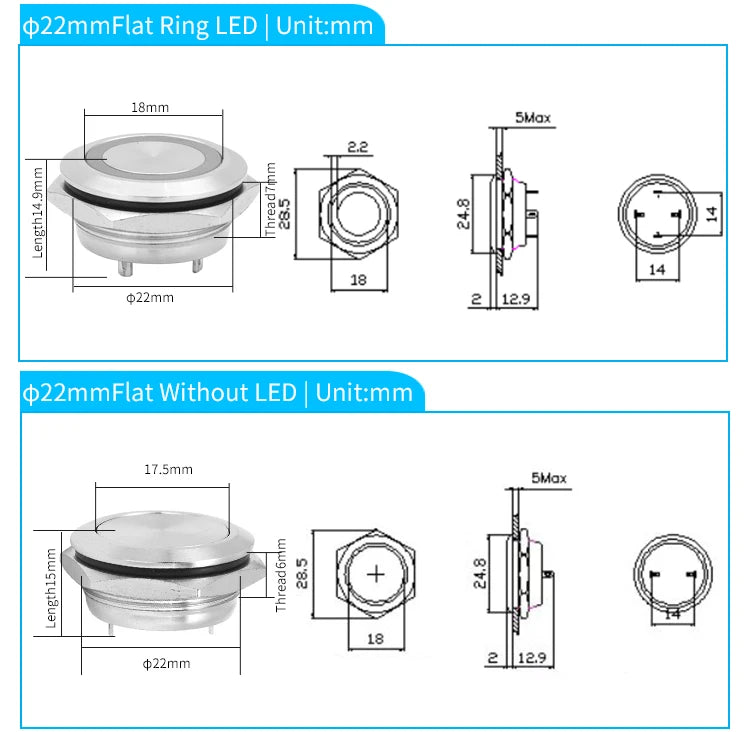 12mm 16mm 19mm 22mm Ultra-short Style Microtravel Stainless Steel Push Button Switch Led Lamp Self-reset/Momentary Normal Open