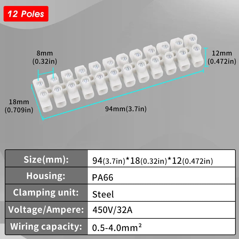 12 Position Barrier Screw Terminal Block 450V/32A PA66 Fire-Retardant Wire Connector 0.5-4mm² for Industrial Electrical Projects
