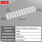 12 Position Barrier Screw Terminal Block 450V/32A PA66 Fire-Retardant Wire Connector 0.5-4mm² for Industrial Electrical Projects