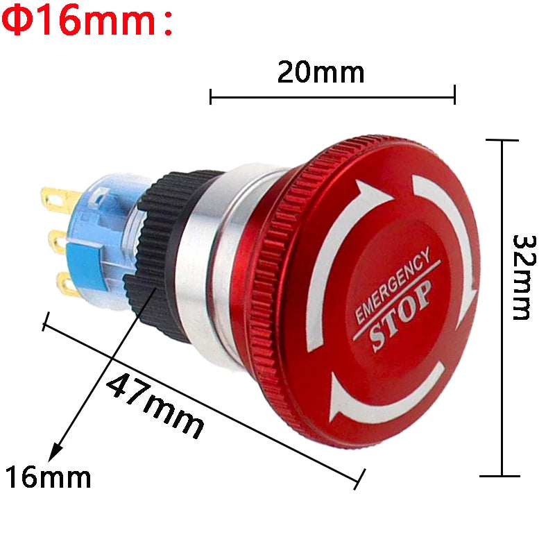 1pc 16mm 19mm 22mm Waterproof Metal Latching Emergency STOP Mushroom Push Button Switch Button Switch Knob Rotary Switch