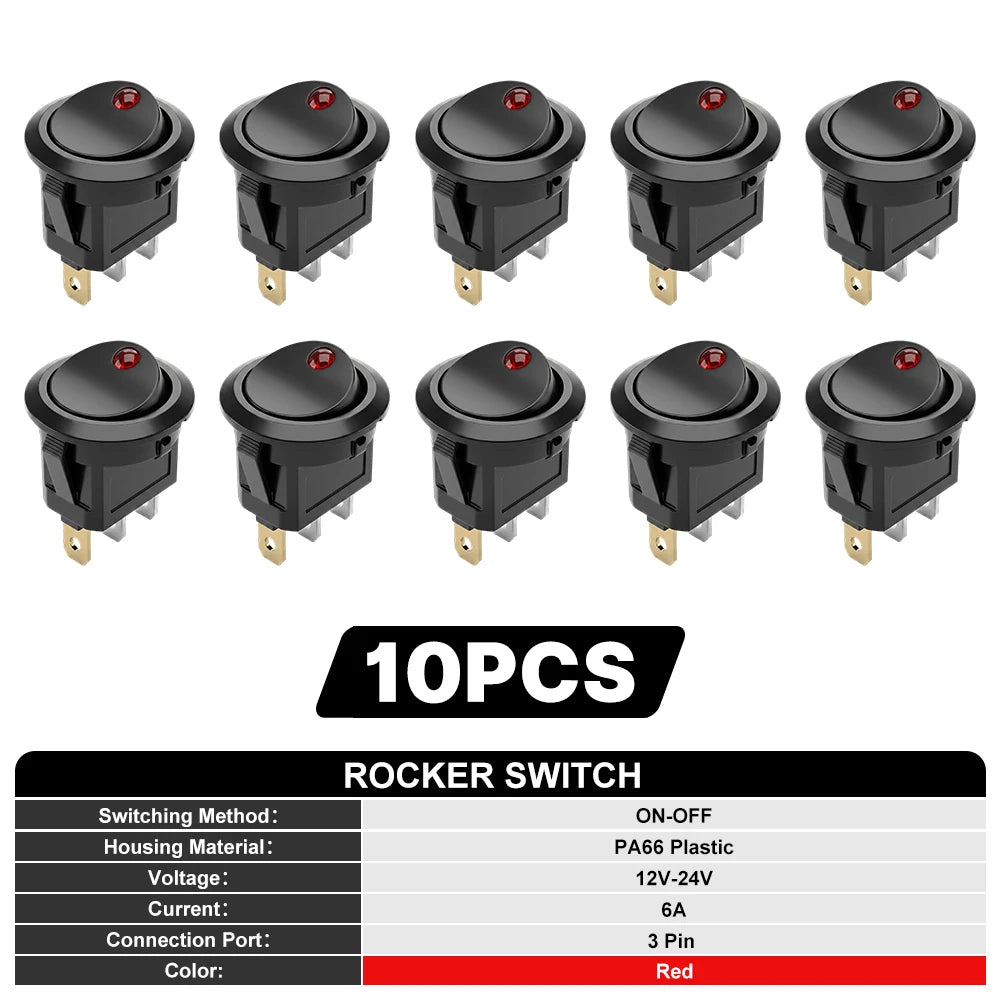 FILN 10Pcs 12V 24V 110V 220V Round Rocker Switch 3 Pin ON OFF LED Lighted Car Dash Boat Marine RV SPST Toggle Switch