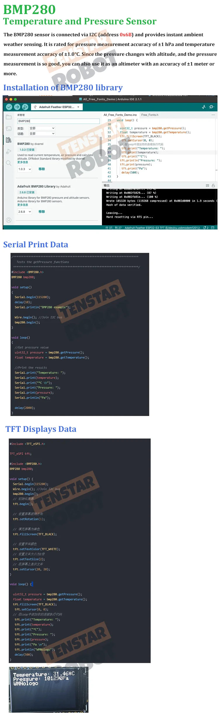 TENSTAR TS-ESP32-S3 Development Board With 1.14 Inch TFT Display With BMP280 and QMI8658C Sensor Learn to Program ESP32 S3