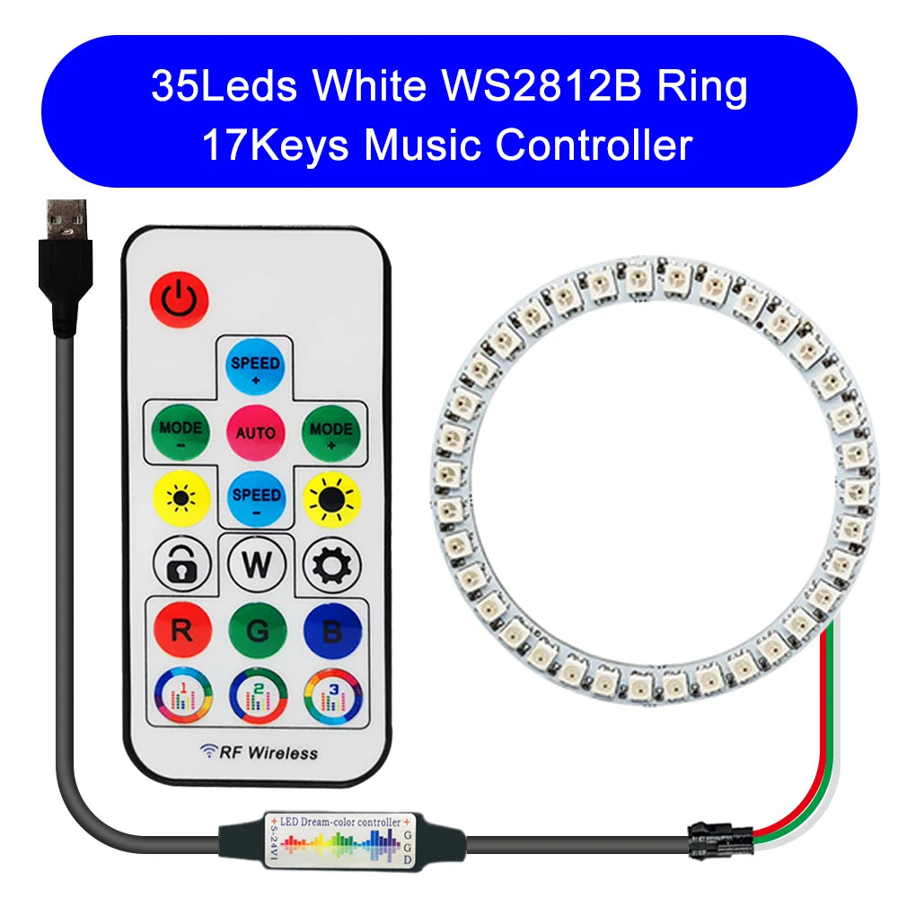 DC5V WS2812B DIY LED Ring 8 to 241 Pixels 5050 RGB Individually Addressable WS2812 Round Modules With 17Keys Music RF Controller