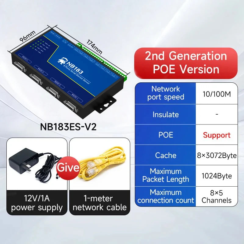 RS485 RS232 to Ethernet 8 Ways Serial Server NB183-V2 Series TCP UDP MQTT HTTP Modbus Gateway TCP- RTU POE