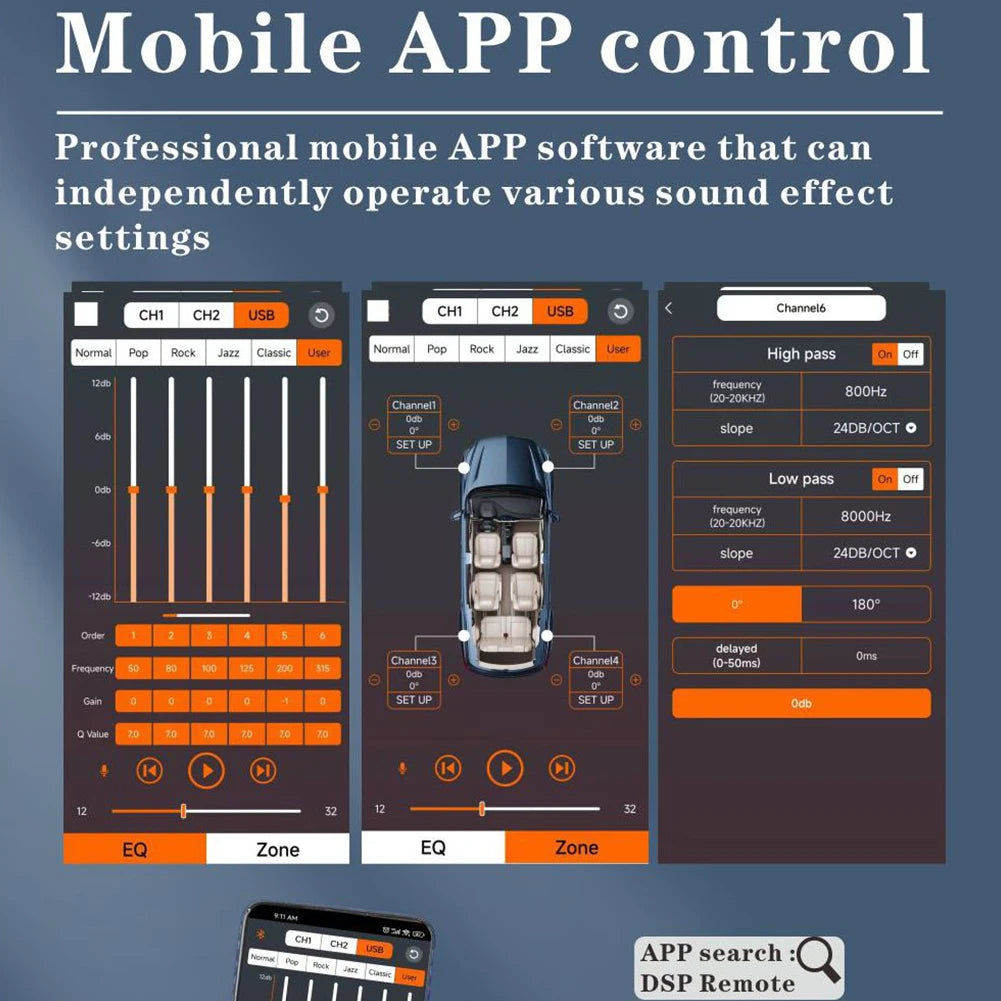 4x50W Car DSP Digital Audio Processor Support APP Control Car DSP Amplifier Audio Digital Sound Processor for Car