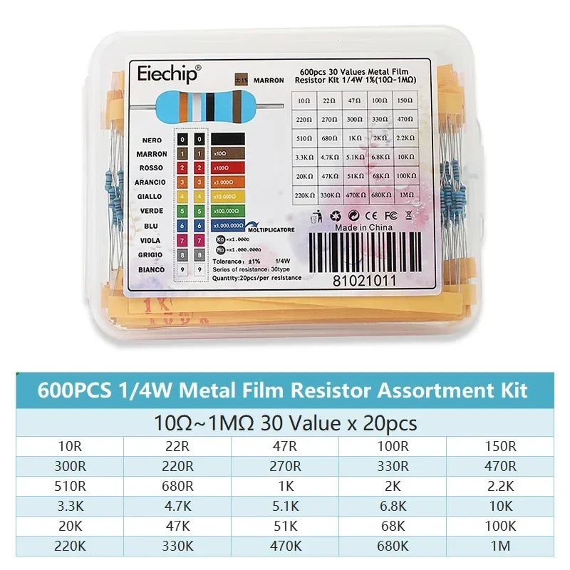 300/600pcs 1/4W Metal Film Resistor Kit 0.25W Resistors 1% 30 Values 10Ω~1MΩ Colored Ring Resistance Electronic Kit