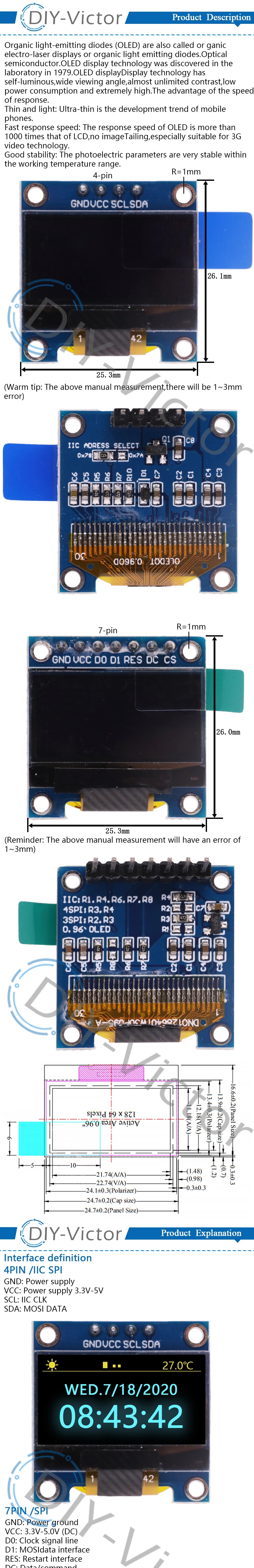 0.96 inch IIC Serial 4pin 7Pin White/Blue/Yellow OLED Display Module 128X64 I2C SSD1306 LCD Screen Board for arduino oled