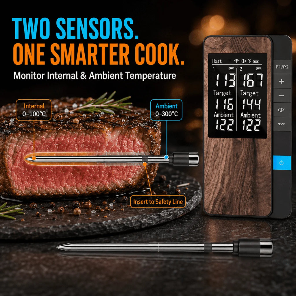 Wireless Meat Thermometer Digital Bluetooth Probe Thermometer Rechargeable with LCD Screen & Mobile APP for BBQ Oven Rotisserie